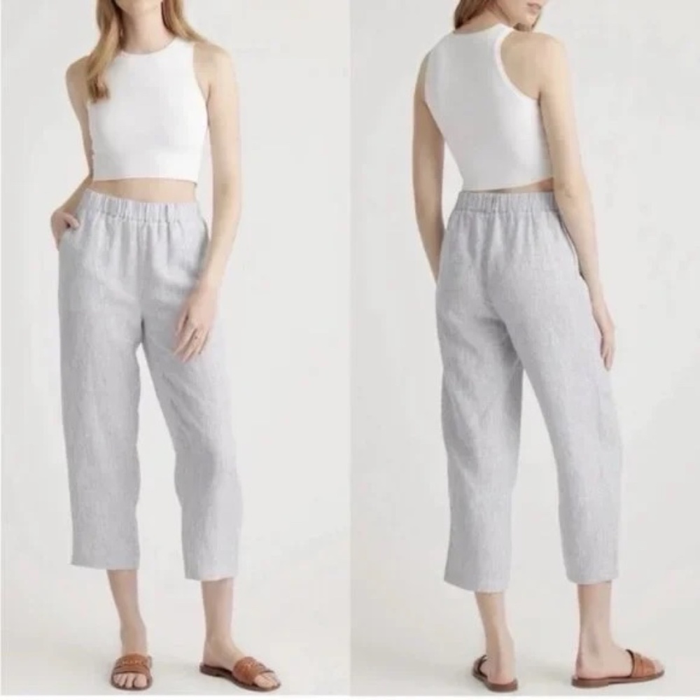 Quince Women 100% European Linen Pants Blue Pinstripe M NWT